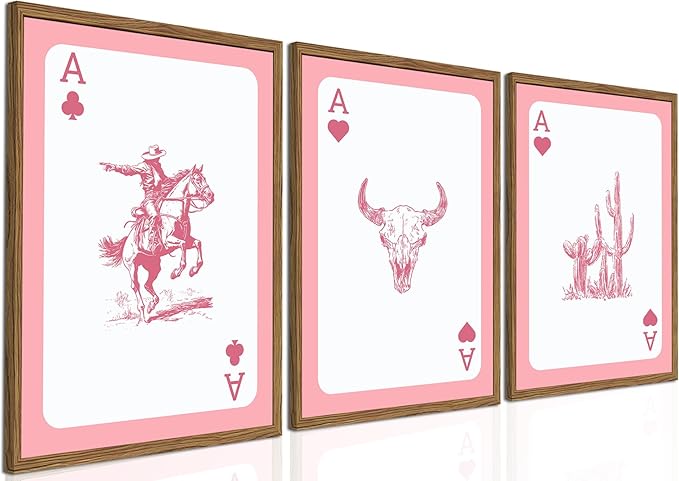 Western Cowboy Wall Art Set of 3 Southwestern Playing Card Wall Decor Pink Western Poster Canvas Prints Longhorn Bull Skull Room Decor for Bedroom Living Room Framed 12x16 inch