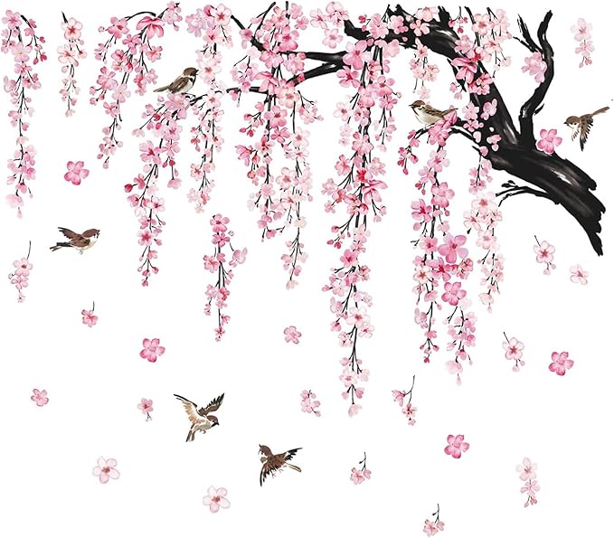 Large Pink Flower Wall Stickers, 47"x71" Removable DIY Romantic Cherry Blossom Tree Wall Murals Peel and Stick 3D Wall Art Stickers Home Decor for Gilrs Bedroom Nursery Rooms Living Room