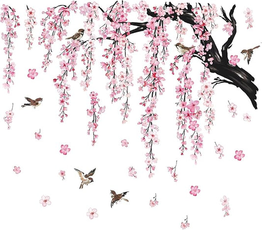 Large Pink Flower Wall Stickers, 47"x71" Removable DIY Romantic Cherry Blossom Tree Wall Murals Peel and Stick 3D Wall Art Stickers Home Decor for Gilrs Bedroom Nursery Rooms Living Room