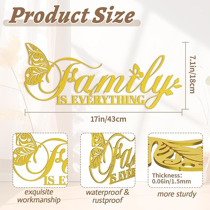 Golden Family Signs Metal Wall Art Home Decor, Family Is Everything Words Sign Modern Wrought Iron Hanging Door Plaque Letters Decoration for Living Room Photos Dining Room Bedroom Housewarming Christmas