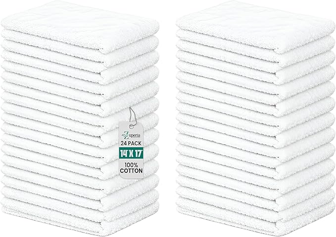 ZUPERIA Terry Towels Pack of 24 (14" X 17" Inches) 100% Cotton Terry Barmop Towels - Absorbent & Durable Bar Rags, Multipurpose Cleaning Rags for Home, Automotive & Garage Cleaning Supplies (White)