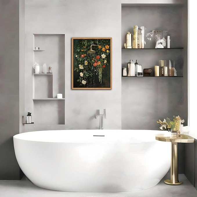 Floating Framed Floral Shower Wall Art, Vintage Botanical Flower Canvas Print, Romantic Garden Roses and Waterfall Painting, Nature Inspired Bathroom Wall Decor for Home Living Room 12x16 inch