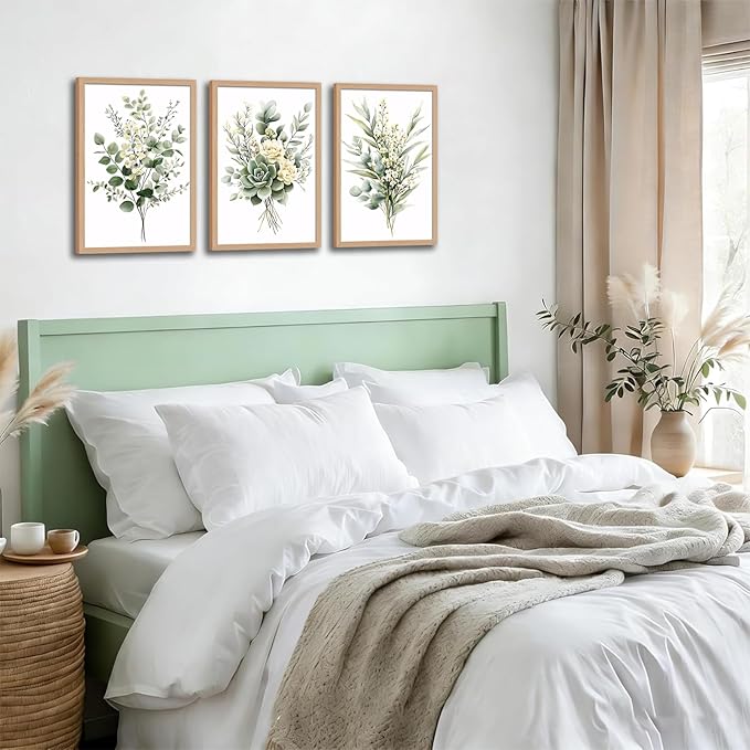 3Pcs Framed Vintage Botanical Wall Art Plant Floral Watercolor Canvas Prints Sage Green Painting Eucalyptus Leaf Picture Modern Minimalist Boho Bedroom Bathroom Living Room Ready to Hang 12x16in