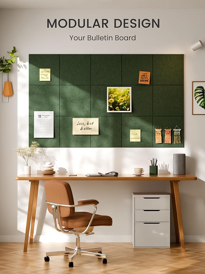 Bumusty Large Cork Board 48" x 36" Alternative - 12 Pack Felt Wall Tiles with 70 Safe Removable Adhesive Tabs, 30 Pushpins, Cork Boards for Walls Pin Board Bulletin Board Office Decor (Moss Green)