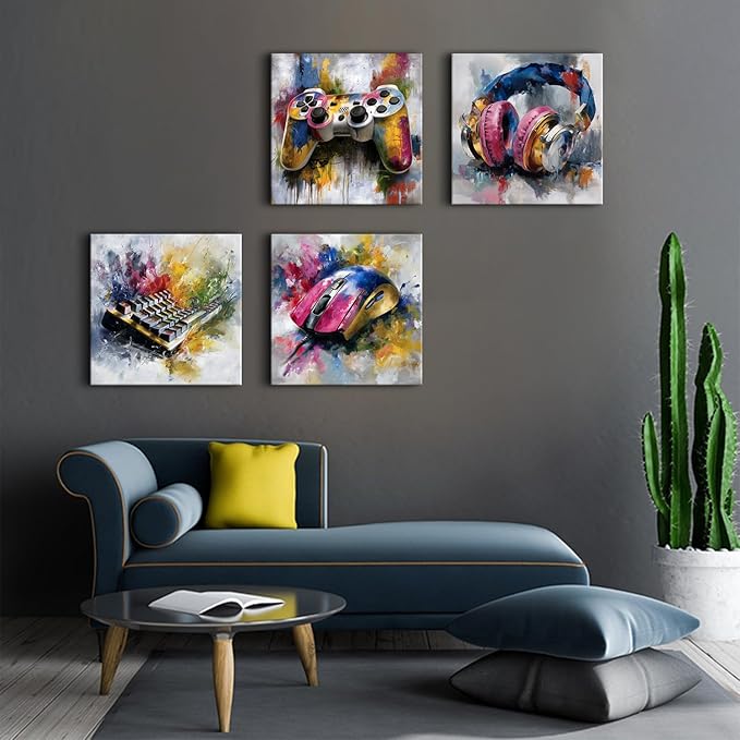 Large Gaming Wall Decor Colorful Gamer Canvas Art Pictures Watercolor Game Controller Headset Keyboard Mouse Paintings Posters Abstract Games Room Decorations for Teens Boys Bedroom Playroom 20x20”