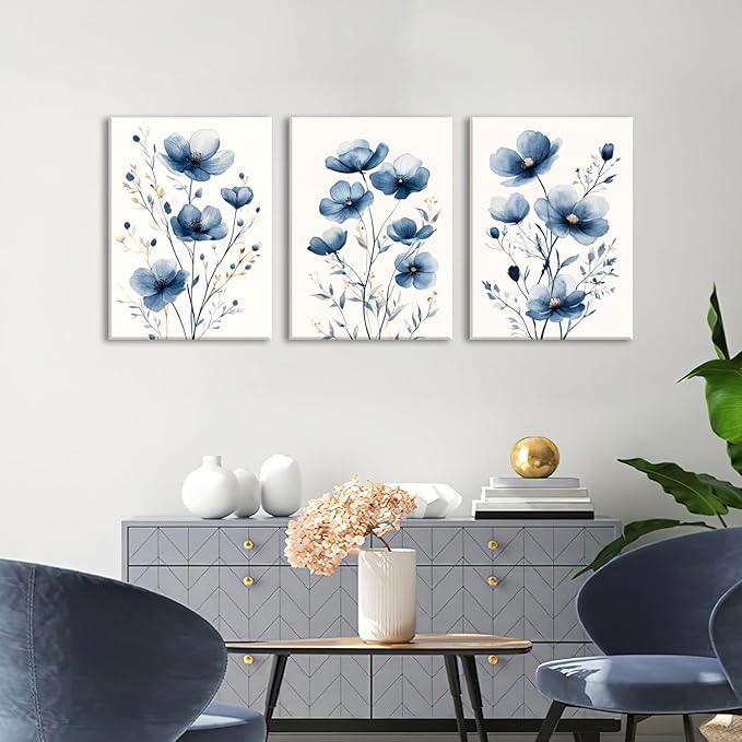 okudolit Navy Blue Wildflower Framed Canvas Wall Art Set Of 3 Flowers Pictures Prints Flowers Printing Floral Watercolors Flower wall Decor Living Room Bedroom Dinning Room Farmhouse Office-12x16in
