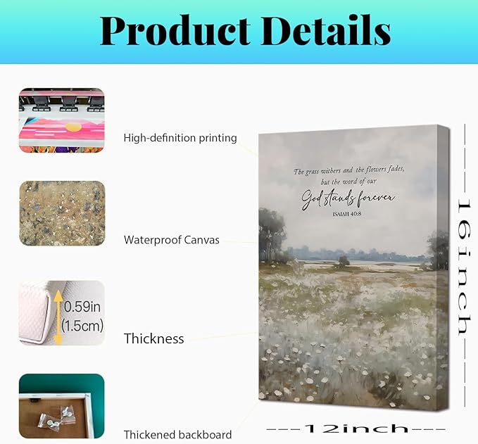 GJJXYCZF Christian Bible Verse Wall Art Jesus Scripture Floral Canvas Wall Decor Large Religious Neutral Farmhouse Landscape Art Painting for Church Prayer Room Living Room Bedroom 12"x16"