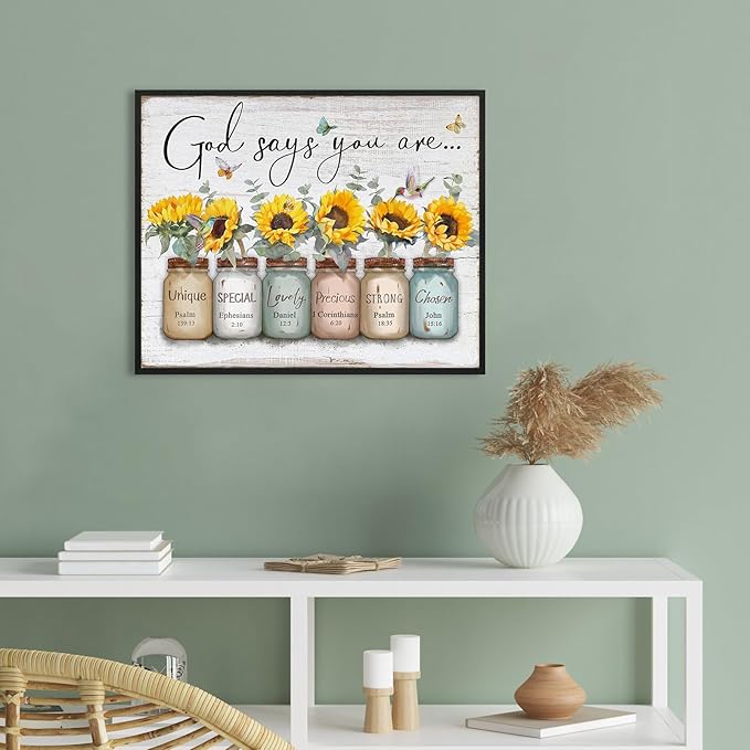 God Says You Are Wall Art: Christian Wall Art Framed Inspirational Quotes Bible Verse Wall Decor for Living Room Bedroom,Sunflower Pictures Religious Scripture Wall Art Prints Posters 12"x15"