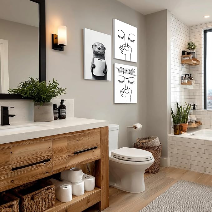 IAFWZX Framed Funny Bathroom Wall Art, Black and White Otter Holding Toilet Paper Wall Decor, Cute Animal Wrapped Canvas Painting, Humor Otter Poster Print for Restroom Guest Bedroom 12"x16"