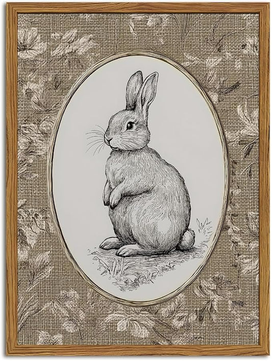 Framed Vintage Rabbit Wall Art, Cute Easter Bunny Pictures Wall Decor, Rustic Farmhouse Animal Paintings Canvas Prints Cottagecore Home Decor for Nursery Living Room Bedroom 16x24 inch