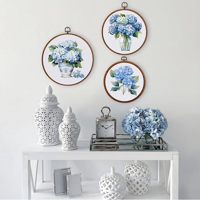 Fiwochic 3 Pcs Round Hydrangea Wall Decor Boho Vintage Flowers Wall Artwork Spring Floral House Artwork Flowers Painting Canva Print Framed Art Farmhouse Nature Hanging Boho Decor for Bedroom
