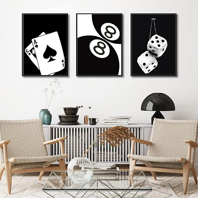 3Pcs Black and White Poker Dice Canvas Wall Art Lucky You Poster Prints Trendy Funky Preppy Y2K 8 Ball Pictures Artwork Aesthetic Painting for Game Room Apartment Dorm Decor 16x24in Unframed