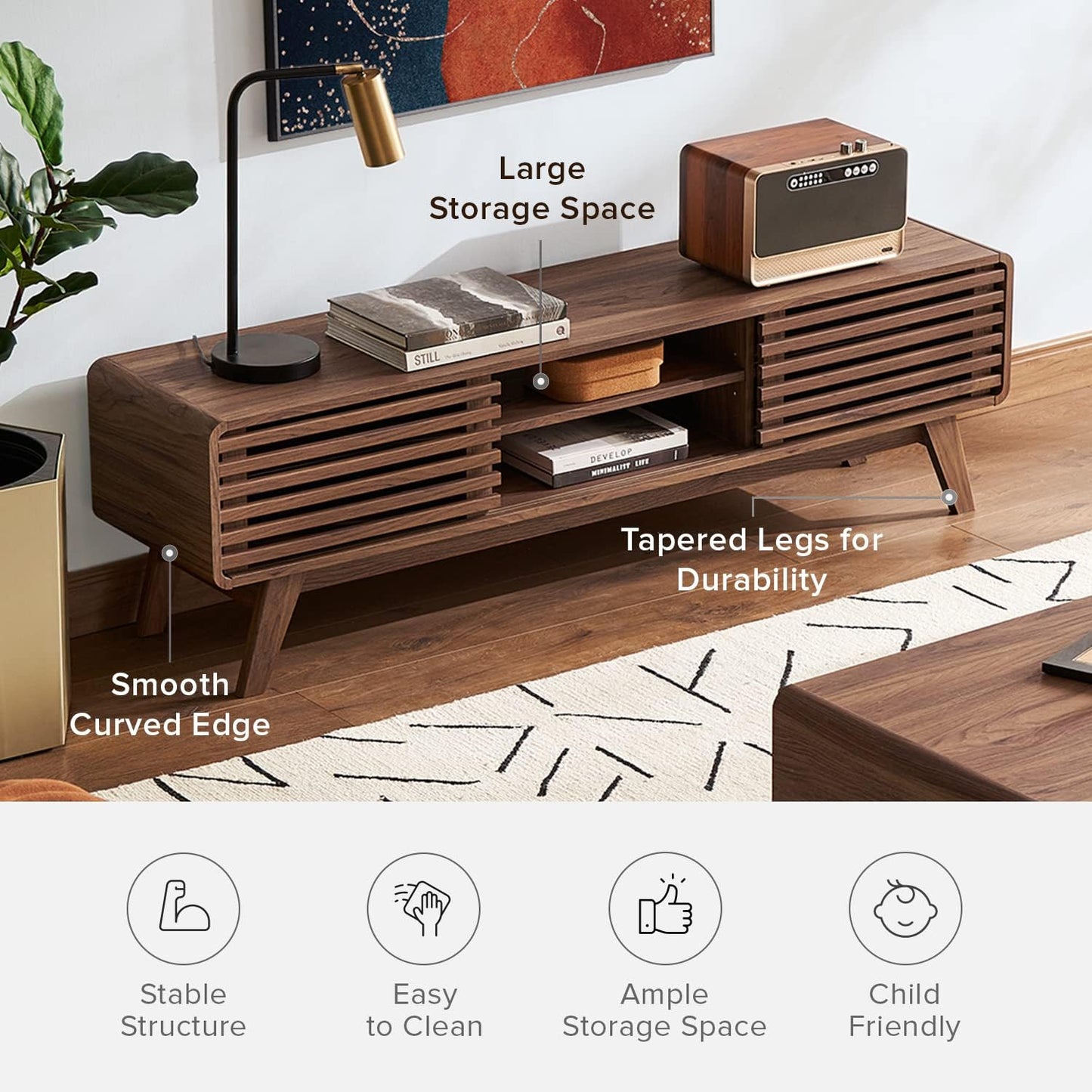 mopio Ensley TV Stand, Mid Century Modern for 55/60/65 inch TV, Farmhouse TV Stand, Entertainment Center with Storage, TV and Media Consol for Living Room (Walnut, 59")