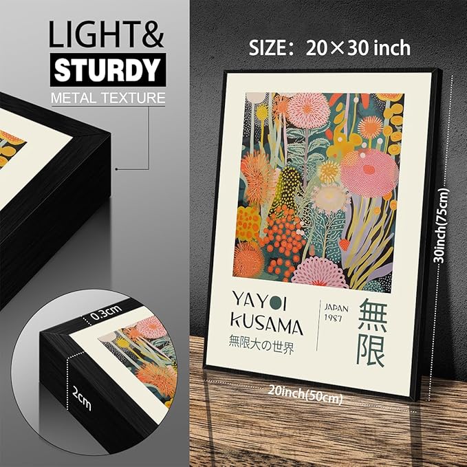 Abstract Yayoi Kusama Posters Japanese Wall Art Vintage Tokyo Aesthetic Prints Yayoi Kusama Inspired Japanese Gallery Wall Art for Stylish Room Bedroom Living Room Decor 20x30in Black Framed