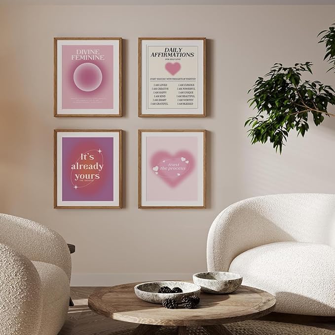 PLKMN Daily Affirmations Poster Set of 4, Y2K Pink Aura Energy Prints, Motivational Wall Decor for Girls Bedroom, Dorm Art, 8x10 Inch, Unframed