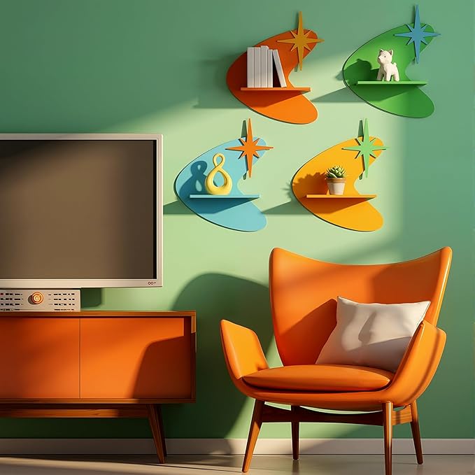 4 Pcs Mid Century Wall Decor Wooden Retro Celestial Star Shaped Burst Wall Art Mount Shelves for Aesthetic Hanging Storage Sign Decoration for Room Bedroom Party(Star-Shaped Burst)