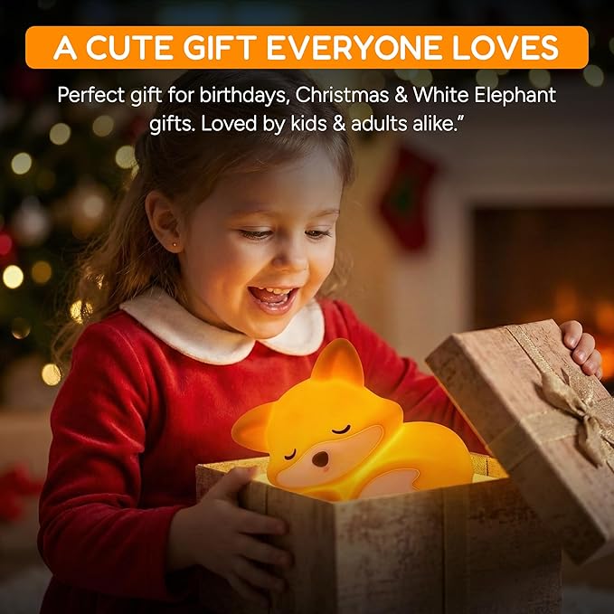 Sleeping Fox Night Light, Rechargeable Silicone Fox Lamp with Timer & Dimmable Warm Light, Cute Animal Nightlight for Bedroom, Nursery Decor & Gift