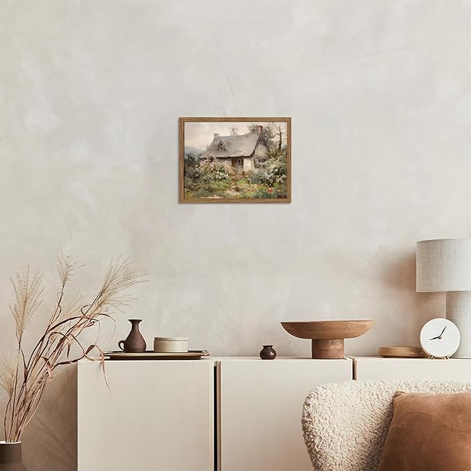 Framed Farmhouse Wall Decor, Country Cottage Pictures Wall Art, Pastoral Nature Landscape Canvas Print, Vintage Farm House Oil Painting Artwork for Bedroom Living Room – 8x10 inch