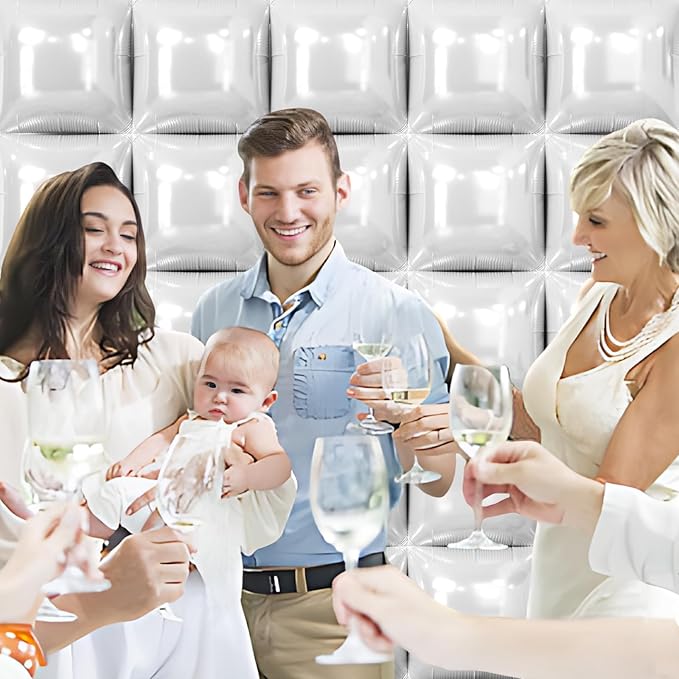 NISOCY 25PCS White Square Foil Balloons Wall Backdrop Double Sided White Balloons Tunnel Arch Kit for Birthday Wedding Baby Shower Party Decoration