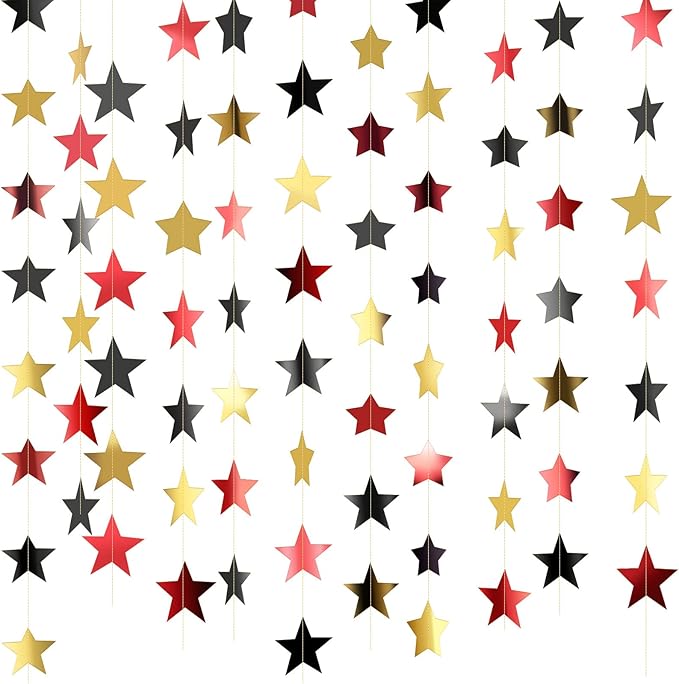 Patelai Glitter Star Garland Banner 2026 Graduation Decor 130 Feet Star Hanging Banner Twinkle Backdrop for Party Birthday Classroom Wedding Supplies(Red, Black, Gold)