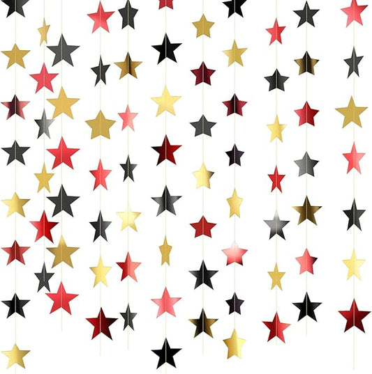 Patelai Glitter Star Garland Banner 2026 Graduation Decor 130 Feet Star Hanging Banner Twinkle Backdrop for Party Birthday Classroom Wedding Supplies(Red, Black, Gold)
