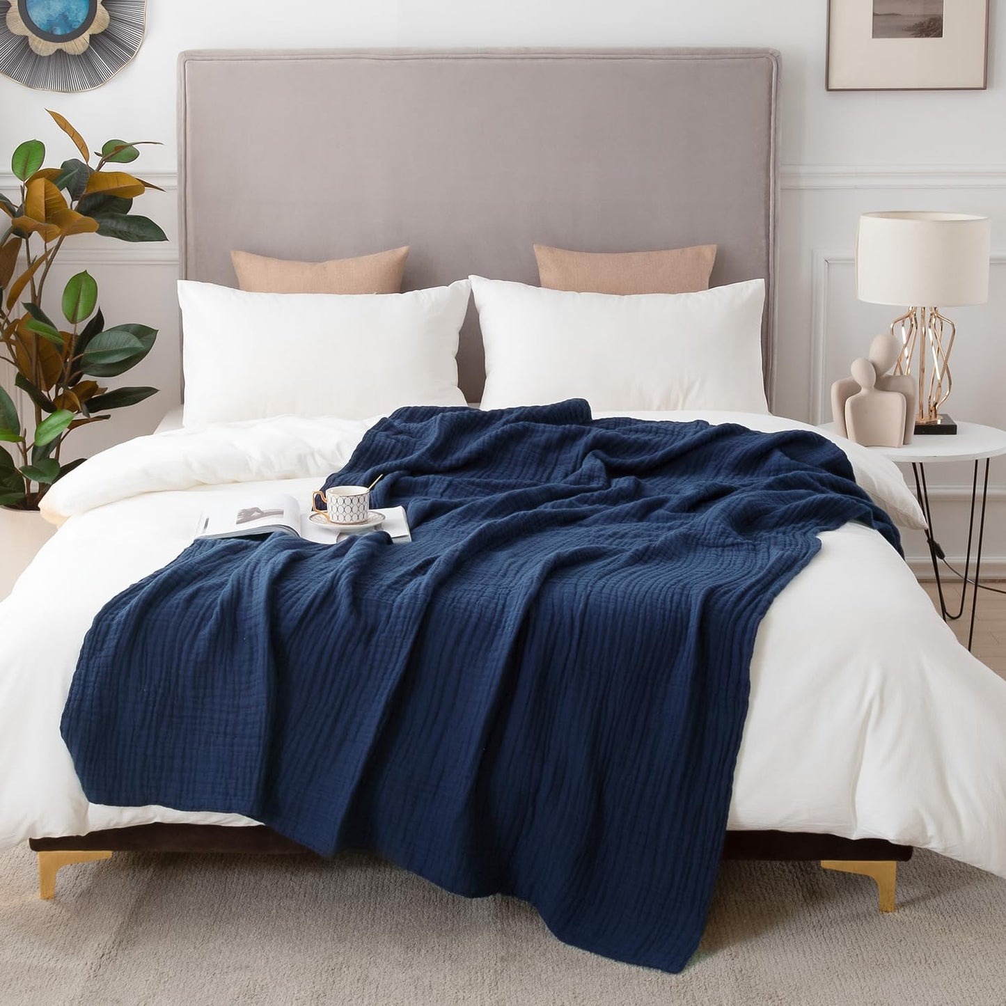 EMME Cotton Muslin Blanket King Size - Soft, Breathable Layering Blanket, 108"x90", All Season Gauze, Navy