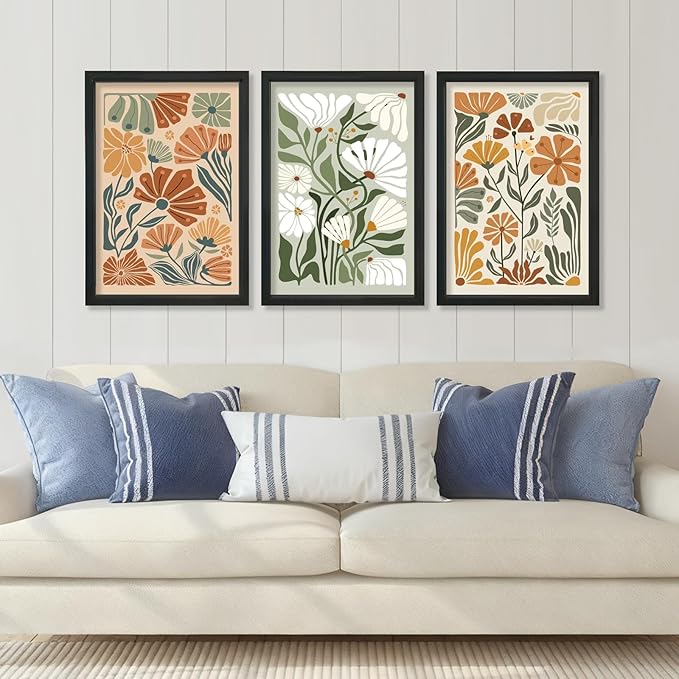 YWJKWLGS Wildflowe Floral Botanical Wall Art Print, Boho Flower Wall Decor, 3 Piece, 11x16 Inch, Modern Abstract Wood Framed for Home Living Room Master Bedroom Bathroom Office (Black)