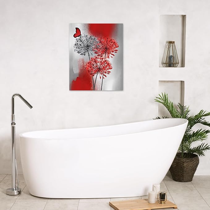 LB Red Dandelion Floral Wall Art Red and Grey Flower Butterfly Canvas Wall Art Modern Abstract Wall Decor for Bedroom Living Room Bathroom Framed Ready to Hang 10L x 8W