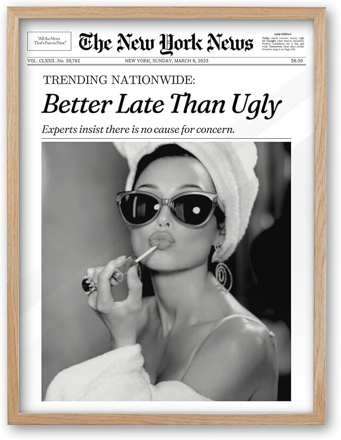 iHery Better Late Than Ugly Natural OAK Wood Audrey Hepburn Newspaper Trendy Framed Wall Art, Large 16x20 in Vintage Headline Canvas Bedroom Wall Decor, Set of 1 Bathroom Girly Dorm Living Room