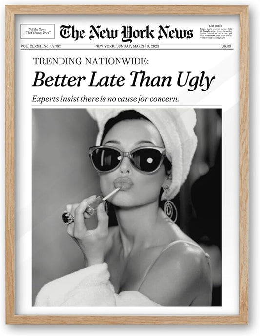 iHery Better Late Than Ugly Natural OAK Wood Audrey Hepburn Newspaper Trendy Framed Wall Art, Large 16x20 in Vintage Headline Canvas Bedroom Wall Decor, Set of 1 Bathroom Girly Dorm Living Room