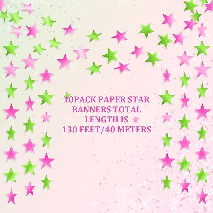 Patelai Glitter Star Garland Banner 2026 Graduation Decor 130 Feet Star Hanging Banner Twinkle Backdrop for Party Birthday Classroom Wedding Supplies(Pink,Green)