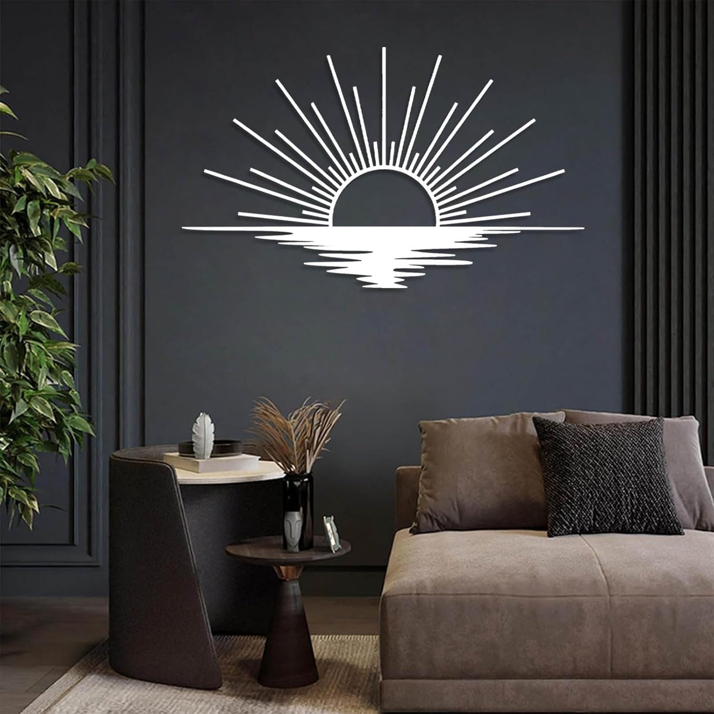 Sunrise Metal Wall Art, Metal Sun Wall Decor, Sun Outdoor Wall Art, Abstract Sunrise Wall Decor, Boho Home Hanging, Living Room Wall Hanging (White, 35"x21"/90x54cm)
