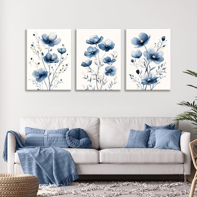 okudolit Navy Blue Wildflower Framed Canvas Wall Art Set Of 3 Flowers Pictures Prints Flowers Printing Floral Watercolors Flower wall Decor Living Room Bedroom Dinning Room Farmhouse Office-12x16in