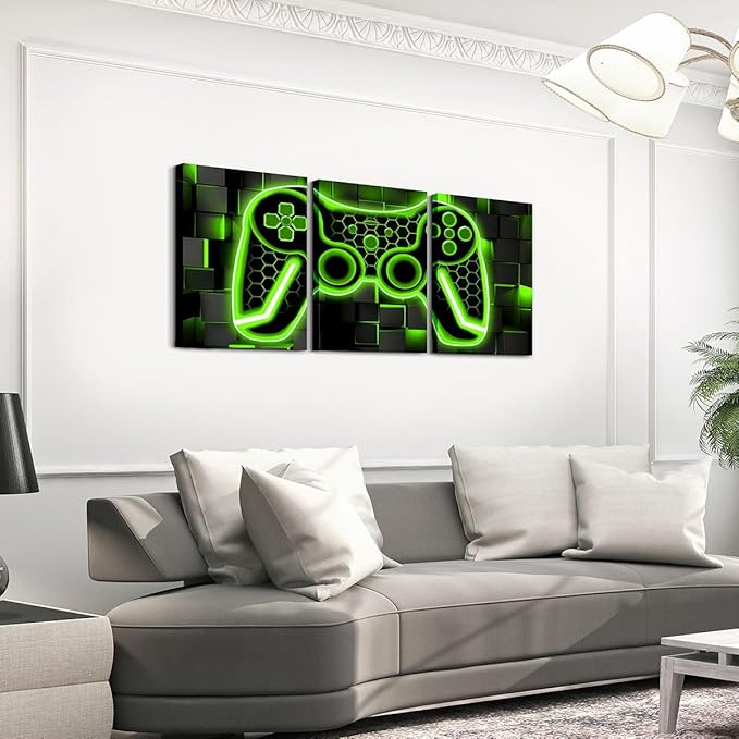 Feelyou Gamer Canvas Wall Art Gaming Bathroom Wall Art for Home Decor 12"x16" 3 Piece for Lighting Honeycomb Game Controller Office Wall Artwork Posters Green and Black Geometric Wall Painting