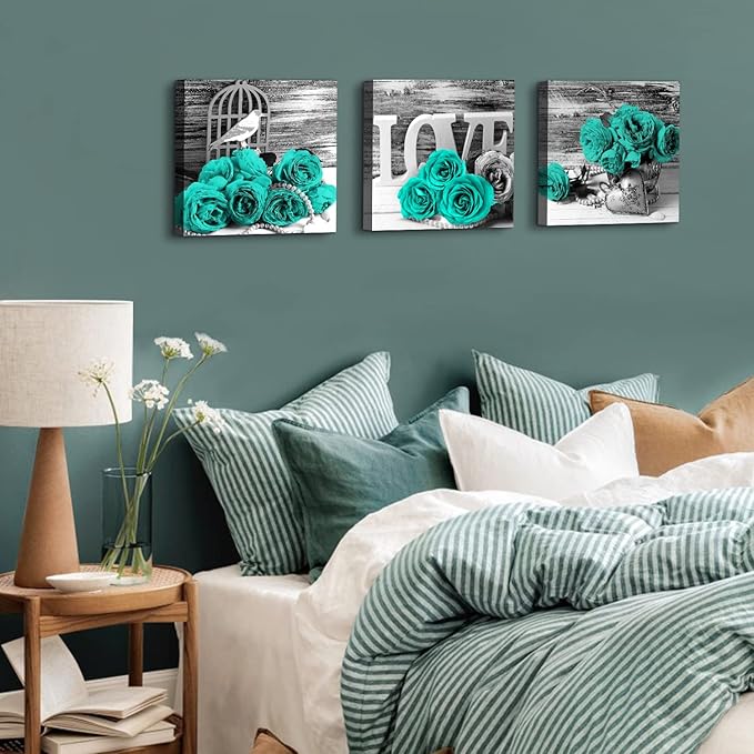 Turquoise Wall Art Teal Kitchen Wall Decor Black and Grey Rose Flower Pictures Bedroom Bathroom Accessories Floral Theme Canvas Prints Paintings Love Artwork Romantic Poster Home Decorations 16x16” 3P