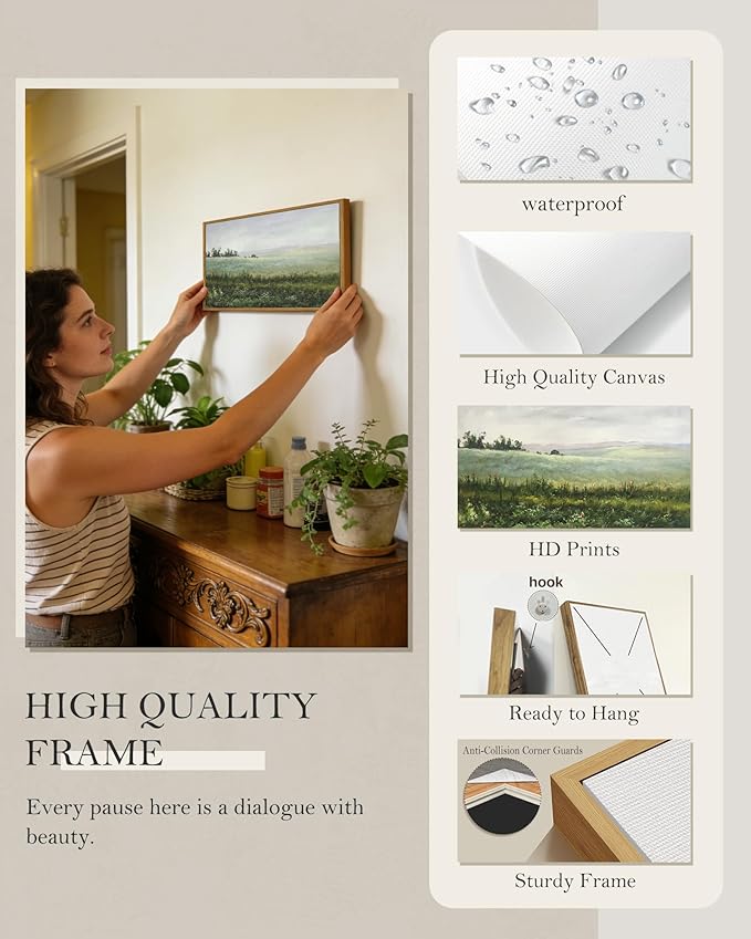 SHENIFY Vintage Framed Wall Art The Vast Grassland Landscape Painting Retro Meadow Scenery Farmhouse Kitchen Living Room Decor - 8x16in Natural Framed