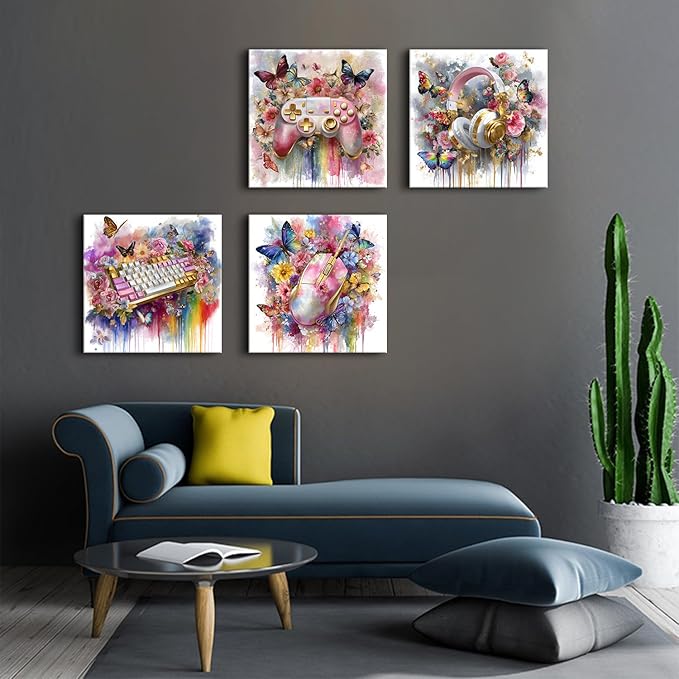 Large 4 Panel Gaming Wall Art Girls Room Decor Pink Floral Butterfly Canvas Print Gamer Bedroom Wall Decor 20x20”, Colorful Controller Headphones Keyboard Mouse Posters Gaming Home Decorations