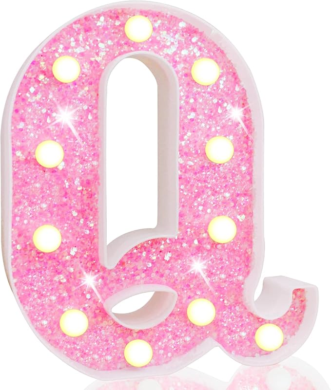 Pooqla LED Marquee Letter Lights, Pink Glitter Light Up Letters Alphabet Sign Battery Powered Night Light, Birthday Party Wedding Girls Gifts, Christmas Room Dorm Bedroom Decoration, Pink Letter Q