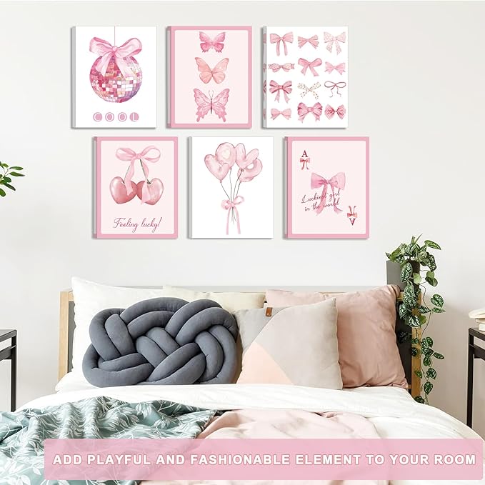 Framed Preppy Bows Wall Art, Pink Bow Girly Wall Decor for Bedroom Aesthetic, Preppy Bow Pictures for Girls Bedroom College(Ready to Hang, Set of 6, 8X10in, Framed)