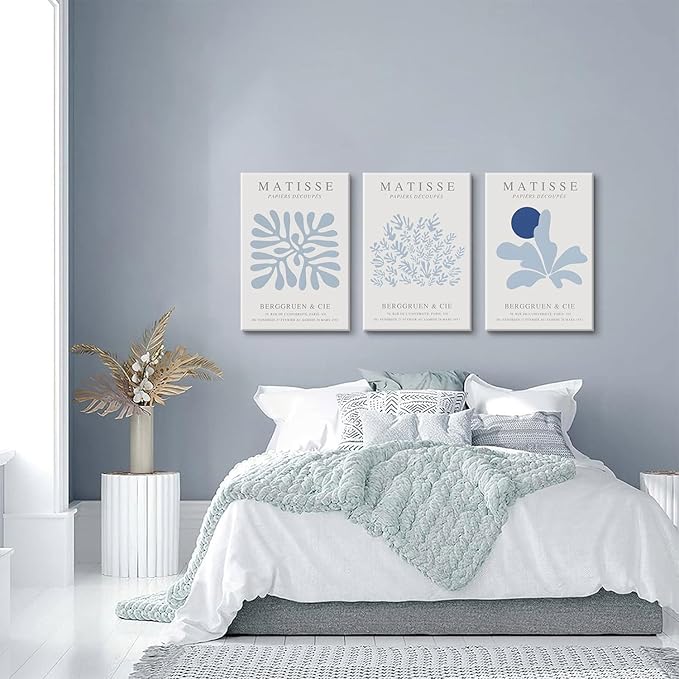 Djmwtb 3 Piece Canvas Wall Art Blue Wall Decor Matisse Prints Abstract Paintings Pictures for Bedroom Bathroom Living Room Artwork 12x16in Framed