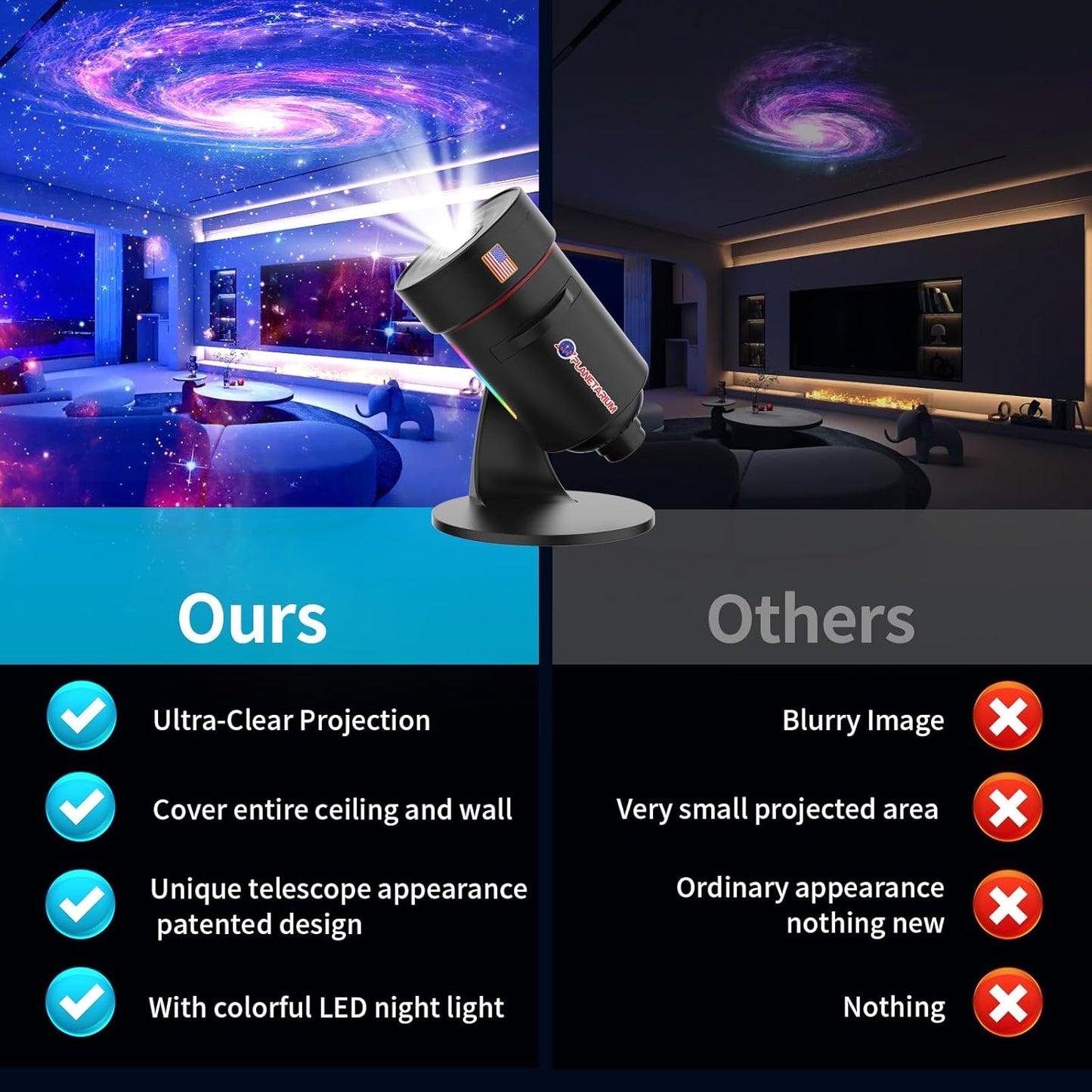 [Newest 8th Gen Planetarium Projector] Galaxy Projector(Black), HD Brighter Wider Projection Planetarium Star Projector with 7-Color Night Light Realistic Starry Sky Space Solar System Moon Nebula for Bedroom Ceiling Room Decor