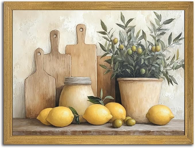 Wood Framed Vintage Kitchen Wall Art, Yellow Lemon Still Life Wall Decor Oil Paintings, Rustic Farmhouse Artwork Canvas Posters Prints Pictures for Living Room Bedroom Home Decor 16x24 Inch