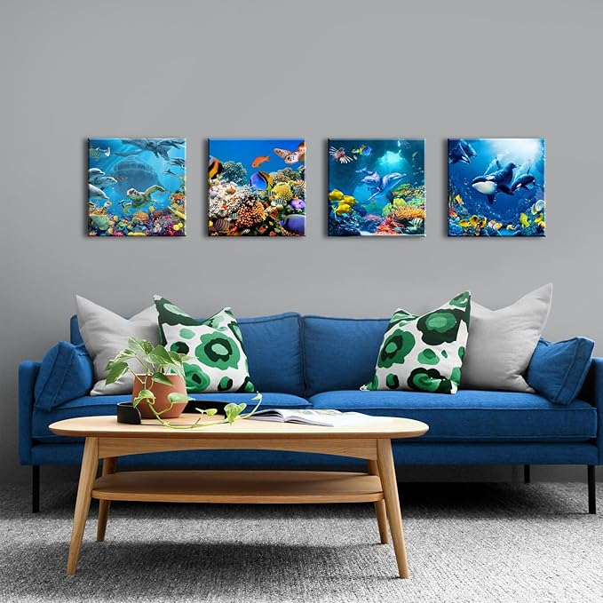 Ocean Animals Wall Art for Bathroom Beach Theme Sea Turtle Pictures Wall Decor Nautical Fish Dolphins Whales Canvas Prints Nautical Paintings Large Artwork Bedroom Nursery Home Decorations 24x24” 4Pcs