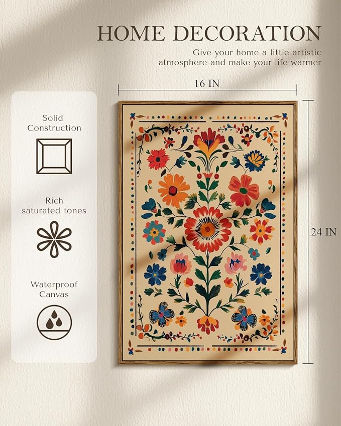 Vintage Floral Framed Canvas Wall Art 16x24 Colorful Flower Painting, Tropical Botanical Nature Boho Bright Vibrant Floral Print, Mexican Traditional Latin Bedroom Home Office Décor