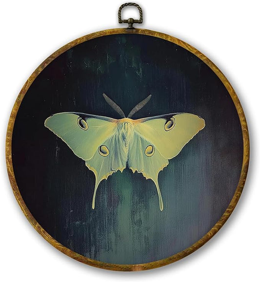 Mcehtle Vintage Butterfly Wall Art Decor, Dark Moody Cottagecore Moth Butterfly Framed Canvas Prints 10x10, Neutral Insect Farmhouse Round Wall Hanging Artwork Decorations for Bedroom Living Room