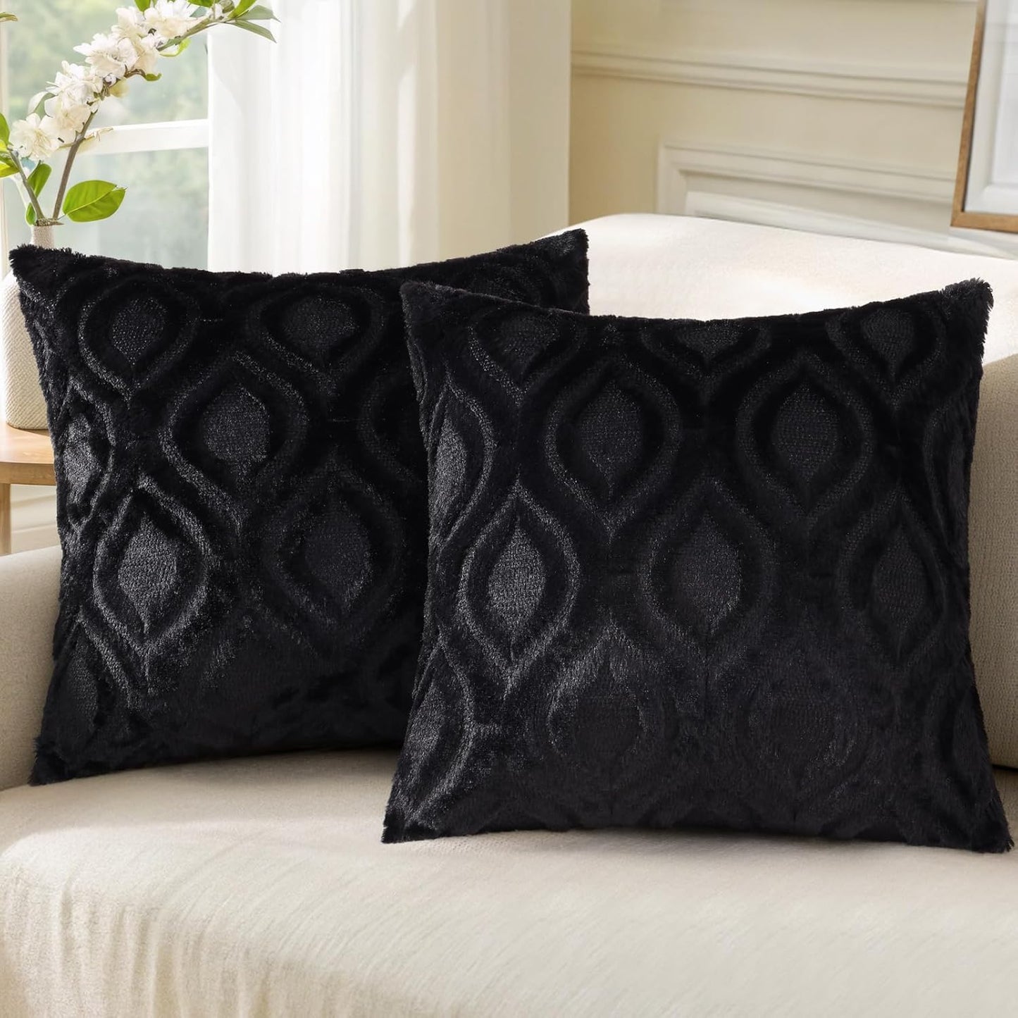 decorUhome Fall Throw Pillow Covers 26x26 Inch Set of 2, Soft Plush Decorative Faux Fur Black Solid Couch Pillow Covers, Accent Farmhouse Neutral Square Euro Pillow Cases for Sofa Bed Living Room