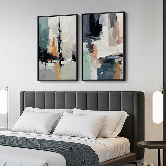 Framed Colorful Abstract Wall Art for Bedroom, Set of 2 Modern Canvas Prints Paintings Artwork for Walls, Bright Blue Green Multicolor Pictures for Living Room, Dining Room, Bathroom Wall Decor 16x24 In