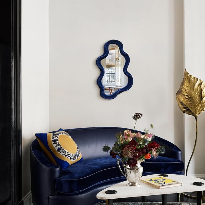Irregular Wall Mirror Living Room Decor, Decorative Wavy Funky Mirrors with Flocking Touch, Modern Asymmetrical Mirror for Hallway Entryway Staircase Bathroom Bedroom (Dark Blue)