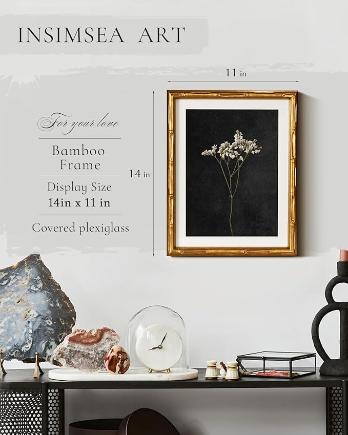 InSimSea Gold Bamboo Framed Canvas Wall Art, Retro Dark Dried Wildflower Botanical Paintings, Antique Vintage Picture Frame with Mat, Home Wall Decor for Living Room Bedroom Gallery, 11x14inch