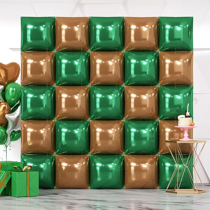 NISOCY 25PCS Dark Green and Brown Square Foil Baloons Wall Backdrop Double Sided Dark Green and Brown Balloons Arch Kit for Anniversary Birthday Thanksgiving Christmas Jungle Party Decorations